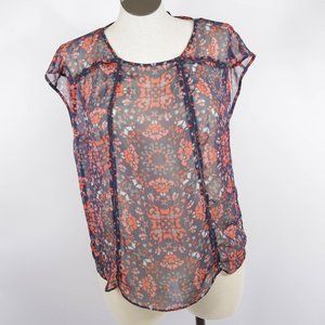 a.n.a. Red & Blue Floral Print Sheer Blouse XL